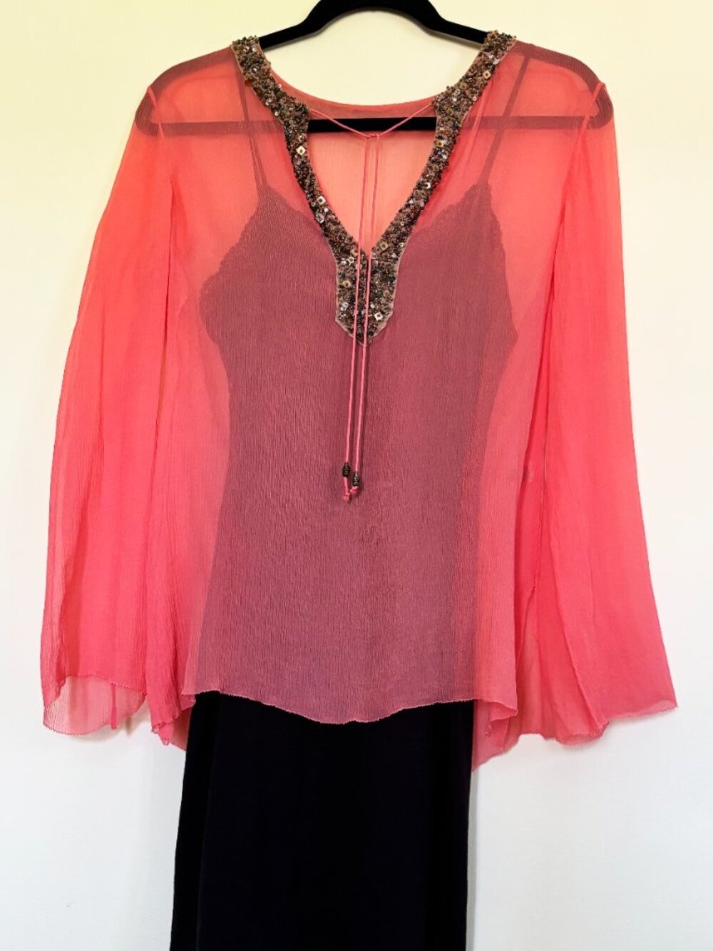Coral Pink Sheer Ornately Beaded Tunic Top Size M - Picture 7 of 8